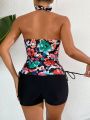 SHEIN Swim Classy Floral Print Cross Strap Halter Top Tankini