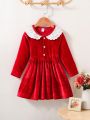 SHEIN Kids Nujoom Young Girl Contrast Collar Button Front Velvet Dress