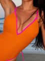 Colorblock Halter Neck Tie Back Monokini With Contrast Trim