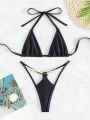 SHEIN Swim SXY Triangle Cup Pearl Decorated Hollow Out Bikini Swimwear Set