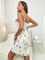 Contrast Ruffled Floral Print Suspender Nightgown