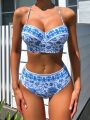 SHEIN DD+ Ladies' Printed Swimsuit Set With Regular Cut