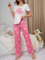 Women'S Letter & Heart Printed Pajama Set