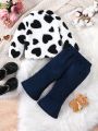 Baby Girls' Zip-up Teddy Jacket And Denim-effect Pants Set With Heart Print