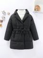 SHEIN Kids EVRYDAY Little Girls' Mid-length Warm Coat With Casual Waist-tight Suit Design For Autumn And Winter, New Arrival