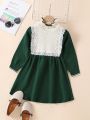 SHEIN Kids Nujoom Little Girls' Color Block Lace Spliced Sweater Dress