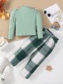 SHEIN Kids SUNSHNE New Arrival Girls' Bubble Sleeve Ribbed T-shirt And Plaid Waist Belt Straight Pants Set