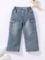 Young Girl Flap Pocket Side Wide Leg Jeans