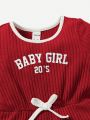 SHEIN Baby Girls' Casual Sports Contrast Color Letter Print Romper With Edging Detail