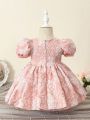 Baby Girl Jacquard Puff Sleeve Bow Front Gown Dress