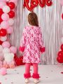 SHEIN Kids CHARMNG Little Girls' Romantic Lady Style Love Heart Printed Mesh Patchwork Dress With Leggings, 2pcs/Set