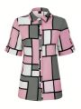 Geometric Pattern Shirt With Open Front, Mid Sleeve, Tie Cuff Detail