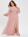 Plus Plunging Neck Lantern Sleeve Split Thigh Bridesmaid Dress