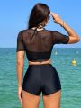 SHEIN Swim SPRTY 2pcs/set See-through Mesh Splice Swimwear