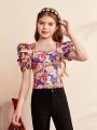 SHEIN Kids Nujoom Tween Girls' Slim Fit Cute Floral Print Bubble Sleeve Shirt With Square Neckline For Vacation