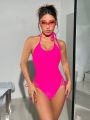 SHEIN Swim Y2GLAM Women's Solid Color One-piece Swimsuit With Halter Strap