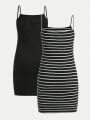 SHEIN Girls' Teen Knitted Solid Color Striped Slip Dress Two-piece Set