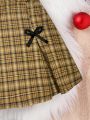 SHEIN Kids CHARMNG Girls' Plaid Skirt With Bow Decor For Teenagers