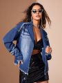 SHEIN BAE Turndown Collar Denim Jacket With Frayed & Decorative Edges After Wash