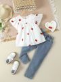 SHEIN Kids QTFun Toddler Girls' Cute Strawberry Doll Print White Top And Denim Shorts Set For Summer