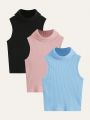 SHEIN Kids EVRYDAY 3pcs Knitted Ribbed Turtleneck Tank Tops For Tween Girls, Casual