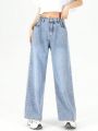 Teen Girls' Vintage & Casual Adjustable Waist Buckle Loose Fit & Comfortable Wide Leg Jeans With Washed Out Light Blue Color