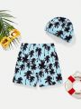 SHEIN Boys' Casual Comfortable Coconut Palm Pattern Soft Swim Trunks And Swimming Cap, Loose Fit