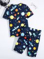 SHEIN Teen Boys' Casual Space Digital Printed Short Sleeve Shirt And Short Tight-Fitting Homewear