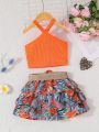 Young Girls' Halter Top And Tropical Plant Printed Vacation Skirt Set