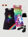 SHEIN Kids EVRYDAY Little Girls' Cute Unicorn Print Gradient Sleeveless Dress, Spring & Autumn Casual Fashion Trend