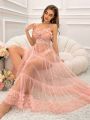 Multi-Layer Mesh Perspective Sleepwear Dress Decroated With 3d Floral Lace