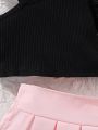 SHEIN Young Girls' Cute Casual Black Sloping Shoulders Ruffle Hem Tank Top And Sweet Pleated Pink Skirt Suit, Perfect For Vacation Style Summer