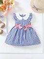 Baby Girls' Cute Grid & Floral Print Contrast Peter Pan Collar Dress With Bow Decoration, Spring