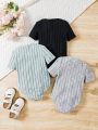 SHEIN Kids EVRYDAY Little Girls' Knitted Solid Color Short Stand Collar Bodysuit With Top & Cardigan, 3pcs/Set Casual Outfits