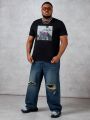 SHEIN Men'S Plus Size Knitted Letter Printed Casual Short Sleeve T-Shirt