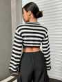 SHEIN Coolane Crop Distressed Sweater With Stripes