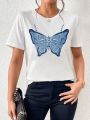 Butterfly Print Round Neck Short Sleeve T-Shirt