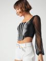 ALT Contrast Mesh Lantern Sleeve Crop Top