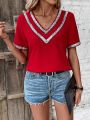 Color Block Shiny Sequin Decorated V-Neck Short Sleeve Blouse