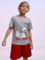 TOM & JERRY X SHEIN Tween Boy Cartoon & Letter Graphic Drop Shoulder T-Shirt