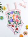 Tween Girls' One-Piece Swimsuit With Plants Print