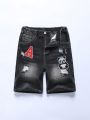 Boys' Embroidered Distressed Slim Fit Black Denim Shorts, For Tween Ages