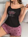 Women's Heart Letter Camisole And Shorts Pajama Set