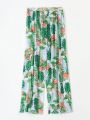 SHEIN Swim Vcay Women'S Plant Print Kimono Cardigan With Long Pants