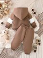 Baby Boys' Hooded Sweatshirt And Pants Set With Colorblock Design And Letter Print For Spring And Autumn