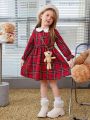 SHEIN Kids QTFun Young Girl Tartan Print Peter Pan Collar Flounce Sleeve Dress