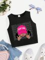 Tween Girl Casual Cartoon Printed Vest Top, Suitable For Summer