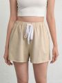 SHEIN Leisure Natrural & Comfy Cotton Elastic Drawstring Lounge Shorts - Khaki