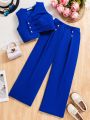 SHEIN Kids CHARMNG Tween Girl's Imitation Pearl Button Vest And Pleated Trouser With Decoration Two-Piece Set