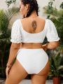 SHEIN Swim Vcay Plus Size Drawstring Eyelet Embroidery Short Sleeve Top With Triangle Bikini Set